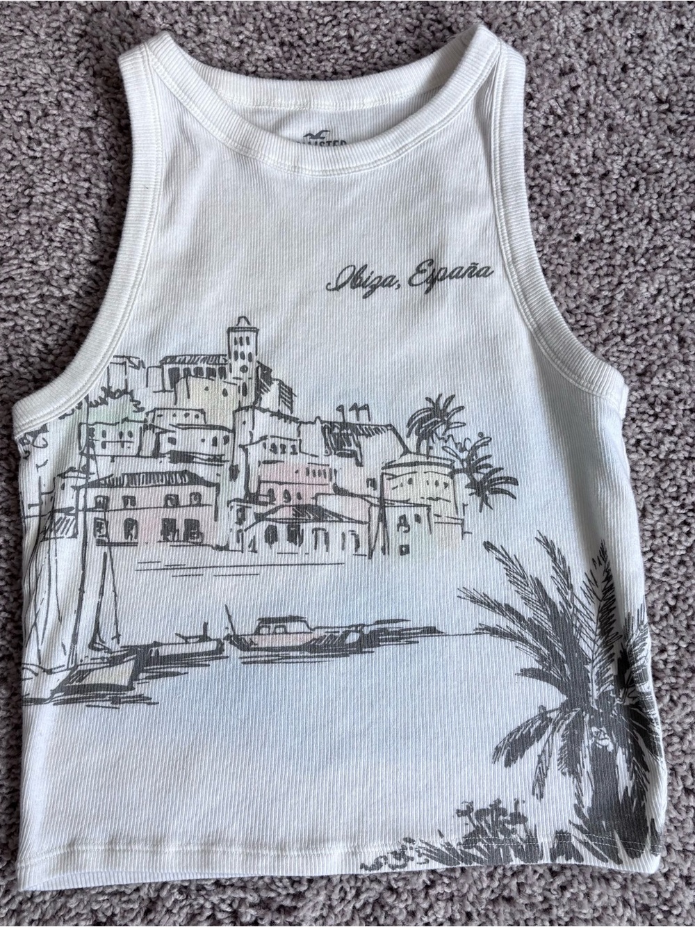 Hollister White Halter Ribbed Cropped Tank with Ibiza España Sketch